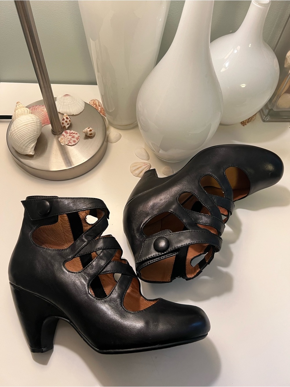 Miz Mooz Black Cutout Strappy Leather Heels